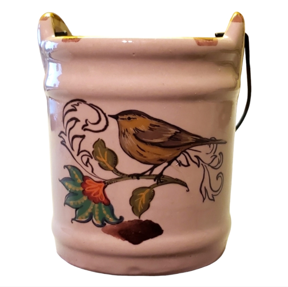 Vtg Pottery Pail, Bucket, Crock, Bird & Wire Handle